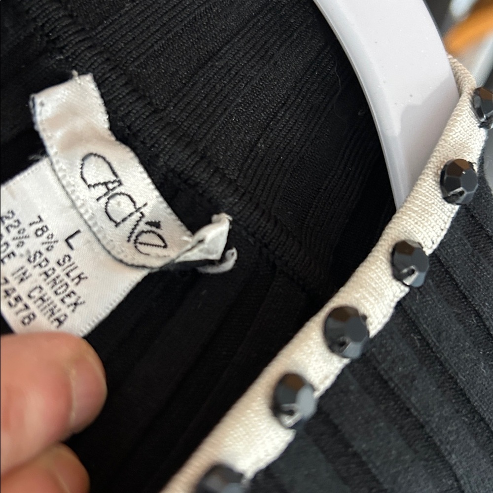 CACHE Black Zippered-front Sweater with White Grosgrain Piping & Jet Beads. Lg. - Picture 3 of 3